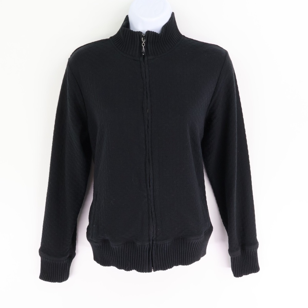Full Zip Knit Jacket High Neck Womens S Black Subtle Checks Pockets I‎ Active
